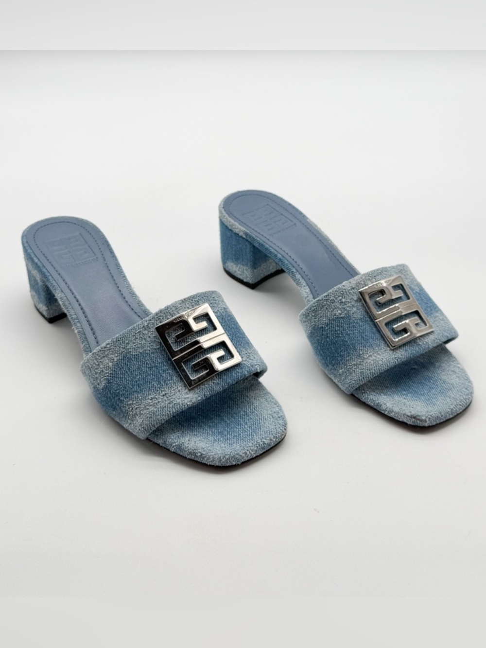 Givenchy 4G Logo Heel Mule Sandals Slides Blue Denim EU 38 US 8
